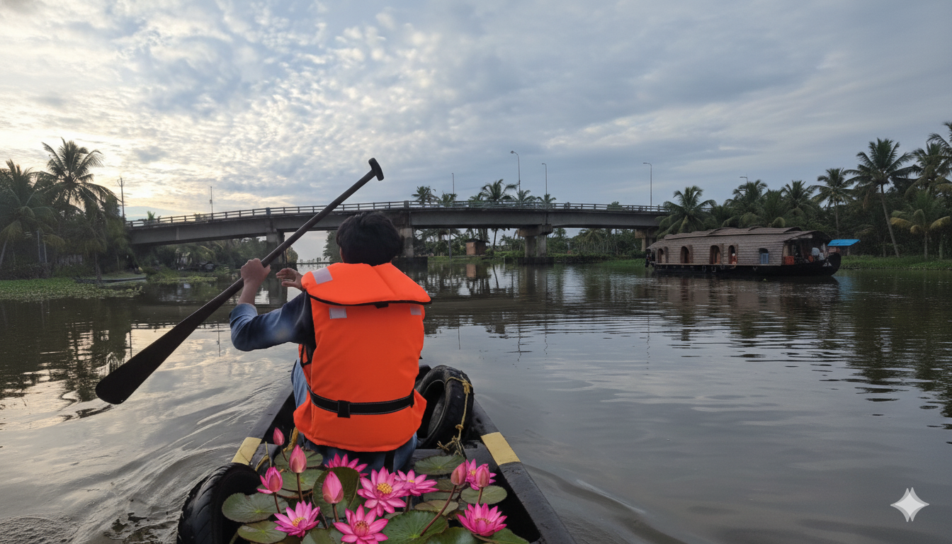 Two persons rowing boat in Kerala backwaters